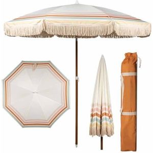 ZYBOWAYL Strandparasol met franje, kantelbare parasol met aluminium stang, UV50+ bescherming, waterdichte luifel, draagbare draagtas, voor buiten, vakantie, tuin, terras, zwembad, 1 kleur, Eén maat