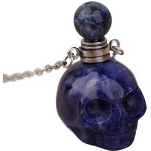 Gemstone Skull Head Perfume Bottle Pendant For Women Hand Carved Crystal Skull Figurine Essential Oil Necklace Gift (Color : Silver_Sodalite)