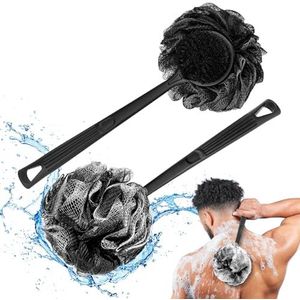 Luffa met Handvat & Doucheborstel Houtskool 2-Pack - Rugborstel voor Mannen & Vrouwen, Lichaamsborstel Ideaal voor Exfoliatie, Rug Luffa met Badborstel, Lang Handvat voor Douche