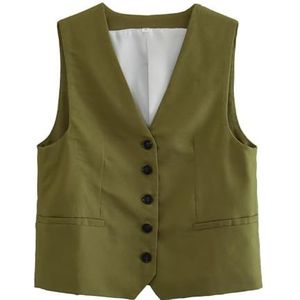 RWGSNB Vest Dames Elegant, Dames Pak Gilet V Hals Katoen Linnen Mouwloos Pakken Blazers Gilet Casual Dressy Vest Single Breasted Cardigan Elegant Gilet voor Dagelijks Gebruik Groen L