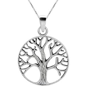Zilveren ketting, hanger van cirkel met tree of life