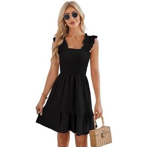 Vrouwen vierkante hals rugloze mouwloze korte jurk ruches mode mini jurken schattige zomer strandjurken(Black,S)