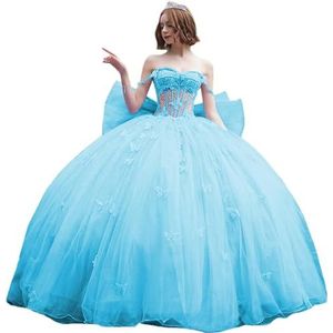 Fuomomo Quinceanera-jurk met dunne bandjes en vlinderglitter, Quinceanera-jurk met vlinders en grote strik, baljurk van kant met parels MT053, Blauw, 46/grote maten