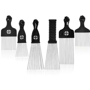 Yunxiao88 6 Pack Krullend Afro Haar Metalen Haarplectrums, Metalen Tool Haarkammen voor Mannen Vrouwen Afro Pruiken (zwart)