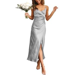 Spaghettibandjes voor bruiloft, galajurk voor dames, met V-hals, formele jurk, Zilver, 56 NL/Plus