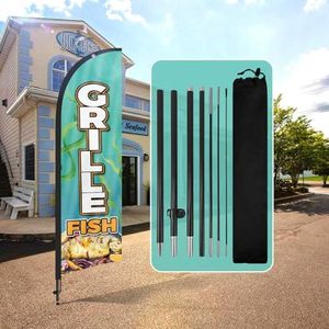 QSUM Grille vis veer vlag, 8FT grille vis reclame swooper vlag met paal kit, grond spike, grille vis borden voor bedrijven en winkelpuien