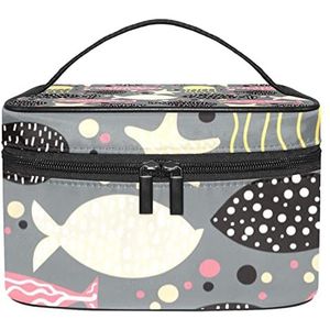 Roze Zwart Geel Vis Kwallen Zeester Make-up Organizer Bag, Reizen Make-up Tas Organizer Case Draagbare Cosmetische Tas voor Vrouwen en Meisjes Toiletartikelen, Meerkleurig, 22.5x15x13.8cm/8.9x5.9x5.4in