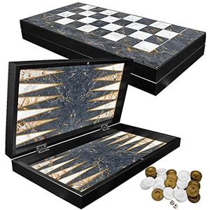 PrimoLiving Deluxe XXL Marmergrijze Houten Backgammon Set - 48x48,7 cm - inclusief schaakbord - elegant huiskamerspel - praktisch reisspel met koffer - bordspel