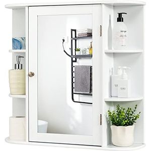 COSTWAY Spiegelkast voor badkamer, 4 vakken en 6 open planken, badkamerkast met spiegel, hangende badkamerkast, hout, 66 x 17 x 63 cm (wit)