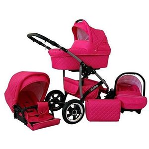 ChillyKids Kinderwagen, 3-in-1, 2-in-1, Isofix, complete set met autostoel, Q-Bus, 12 kleuren, roze, 3-in-1 met babyzitje