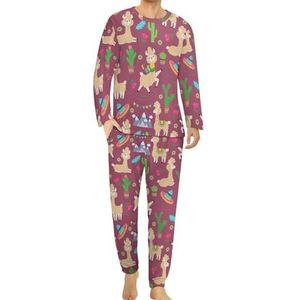Lama Alpaca Cactus Bloemen Comfortabele Heren Pyjama Set Ronde Hals Lange Mouw Loungewear met Zakken S