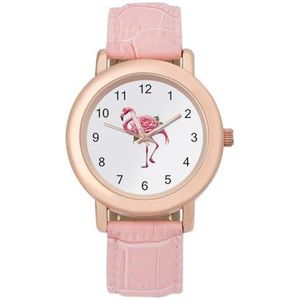 Flamingoprint dames elegant horloge lederen band polshorloge analoog kwartshorloge