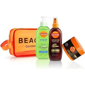 Carroten 3-delige zonneverzorgingsset - bruiningset van intensieve bruiningsgel 150 ml, intensieve bruiningsolie met kokosolie 200 ml en aftersun verkoelende gel 200 ml, incl. praktische make-uptas