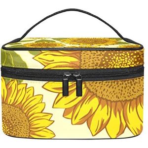 Draagbare Make-up Tas Reizen Cosmetische Zakken Voor Vrouwen Meisjes Rits Pouch Case Organizer Geel Zonnebloemen Met Groene Bladeren, Meerkleurig, 22.5x15x13.8cm/8.9x5.9x5.4in