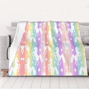 OKFSTY Wasbare dubbelzijdige dikke eenhoorns op kleurrijke strepen deken warme pluche deken voor bank, sofa, bed 152 x 203 cm