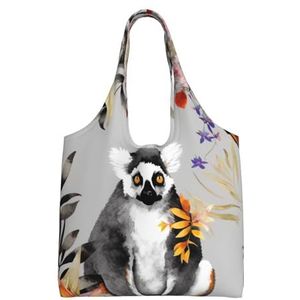 YNCATXZ Dieren Lemur Bloemen Patroon Canvas Tote Bag Voor Vrouwen Esthetische Boodschappentassen Schoudertas Herbruikbare Boodschappentassen, Zwart, Eén maat