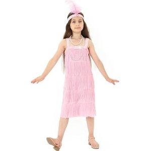 Rabtero Kinderen Roaring the twintigers Fancy jurk kostuum, Meisjes Flapper Jurk met Parel Ketting en Veer Hoofdband, Gangster Flapper Jurk voor Meisjes, Roze, Medium 6-8