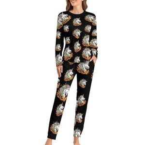 Eenhoorn Kleurrijke Vuur Zachte Dames Pyjama Lange Mouwen Warm Fit Pyjama Loungewear Sets met Zakken 2XL