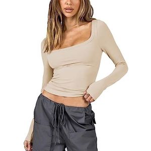 Dames Y2k Kleding Zwart Lange Mouw Tops Vrouwen Skims Dupes Crop Tee Top U-hals Esthetische Streetwear Slim Fit Basic Tops, Abrikoos, S