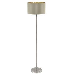 EGLO Vloerlamp Maserlo, 1 lamp textiel staande lamp, staande lamp van staal en stof, kleur: mat nikkel, taupe, goud, fitting: E27, incl. voetschakelaa