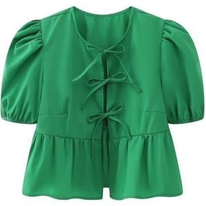 Vrouwen Tie Front Tops Puff Sleeve Babydoll Shirts Y2K Leuke Ruffle Peplum Uitgaan Top Blouse Trendy Kleding (Color : Green C, Size : Medium)