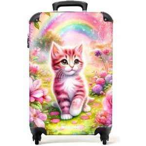 NoBoringSuitcases.com © Handbagage koffer Reiskoffer met wielen Trolleys Kinderkoffer in handbagage-middelgroot in 26 afbeeldingen (Roze-witte kitten omringd door roze bloemen, 55x40x20 cm)