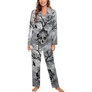 Creatieve Schedel Boom Zwarte Adelaar Vrouwen Lange Mouw Button Down Nachtkleding Zachte Nachtkleding Lounge Pyjama Set XL