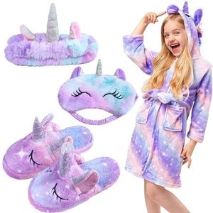 POWZOO Badjas voor kinderen, zachte eenhoorn-badjas met capuchon, 4 stuks badjas met capuchon, slippers, hoofdband, oogmasker. Een warm cadeau voor een meisje van 100 tot 130 cm hoog., Meerkleurig,