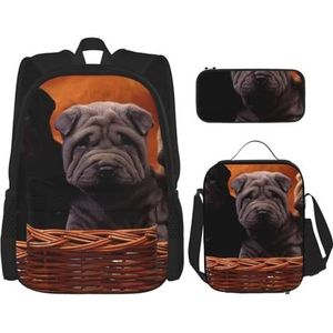 YsoLda Rugzak Set, School Tas Boekentas Rugzak 3 Stuk Set met Lunch Tas Potlood Case, Shar Pei Zwarte Puppy Kleine Honden Grijs Puppy Huisdieren, zoals afgebeeld, Eén maat