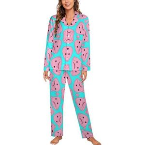Roze Blob Vis Vrouwen Lange Mouw Button Down Nachtkleding Zachte Nachtkleding Lounge Pyjama Set M