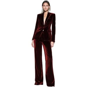 Vrouwen 2 STKS Fluwelen Broekpakken 1 Knop Slim Fit Dames Zakelijke Kantoor Smoking Fluwelen Casual Feestpakken, Bordeaux, XS