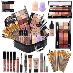 MTDXILTAI Alles-in-één make-up set voor make-up opbergtas, 2 x 14 kleuren oogschaduw palet vloeibare foundation eyeliner potloden contouren pen lipgloss 20 stuks make-up borstels voor vrouwen