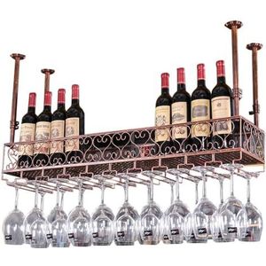 Opbergrek metalen wijnrekken wandplank voor bar | Wijnfleshouder wandhangend in hoogte verstelbaar | Verlaagd plafond wijnglashouder | Wijnglashouder | Wijnglasrekken, bruine planken (maat: 120 cm x