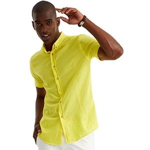 Leif Nelson Linnen overhemd voor heren, zomer, korte mouwen, linnen overhemd voor vrije tijd en business/gemengd van linnen en katoen/regular fit, geel, M