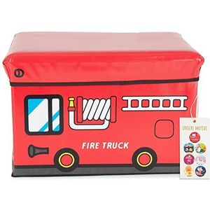 Bieco Opbergbox voor de brandweer voor kinderen met deksel, inklapbaar, krukje met zitje en vulling, speelgoedkist met opbergruimte, zitkist, jongens en meisjes, 47 l, draagvermogen tot 80 kg, rood