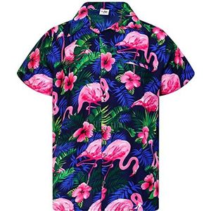 King Kameha Funky Hawaïhemd voor heren, korte mouwen, voorzak, Hawaii-print, vakantie, strand, party, bloemenprint, flamingo-print, Flamingoflowers-navypink, L