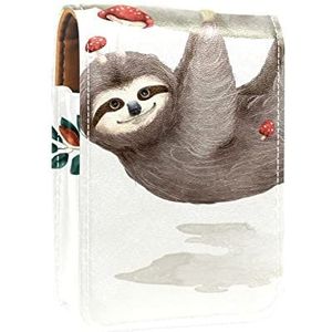 Draagbare Lipstick Case voor op reis, Mini Lipstick Opbergdoos met spiegel voor vrouwen dames, Lederen cosmetische Pouch Luiaard Paddestoel Schattig, Meerkleurig, 9.5x2x7 cm/3.7x0.8x2.7 in