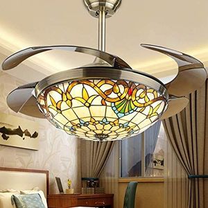 Tiffany Plafondventilator met licht, plafondlamp, metaal, 42 inch, LED, afstandsbediening, plafondlamp, met intrekbare lemmet, dimbaar, ondoorzichtig