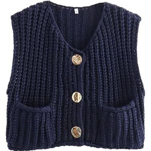 Womens Chunky Knit Crop Sweater Vest Casual,Crop Chunky Crochet Vest Tops Trendy Casual Sleeveless Knit Sweater Vest Cardigan (X-Small,Navy)