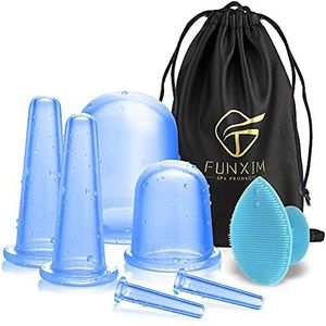 Siliconen cupping, anti cellulitis cups remover massager met body cupping, face cupping, eye cupping, gezichtsreinigingsborstel en tasje, 7 stuks anti aging blauw