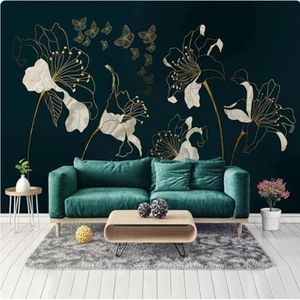 Gouden Lijn Bloem Vlinder Kunst 3D Behang Home Luxe Decoratie Slaapkamer Woonkamer Bank Blaapkamer TV Achtergrond Muur-200cm×140cm