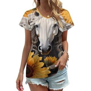 Zonnebloem Wit Paard Dames V-hals T-shirts Leuke Grafische Korte Mouw Casual Tee Tops XL