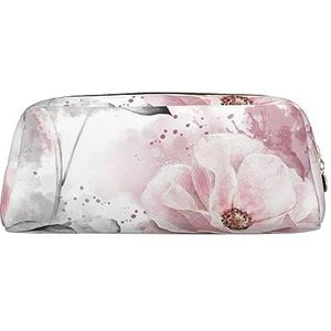 OUSIKA Roze bloemen en bladeren op grijze make-up tas lederen etui reizen toilettas cosmetische tas dagelijkse opbergtas voor vrouwen, Goud, Eén maat