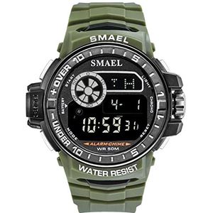 Mens Digital Watch, Sports Military Watches, 50m Waterdichte elektronische horloges, 12 / 24h-formaat met LED-achtergrondverlichting, alarm, stopwatch,Army green