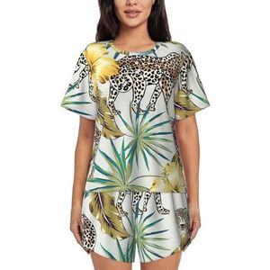 Luipaard en palmbladeren print dames zomer zachte tweedelige bijpassende outfits korte mouw pyjama lounge pyjama sets, Zwart, M