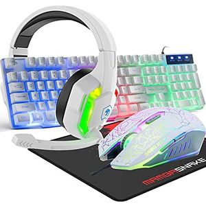 Bedrade 104 Toetsen 3D Stereo Gaming Headset Combo met Multi RGB Backlight, Ergonomische Verstelbare Mic 2400DPI Muizen Grote Mousepad Waterdicht voor PC, Mac en Gamer (4in1White)