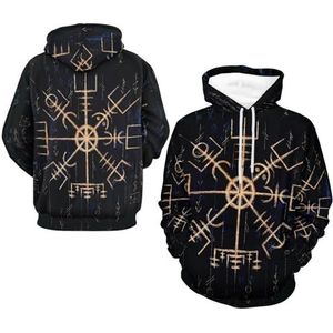 Heren 3D-print Tattoo Viking Wolf Fenrir Hoodies, Los Sweatshirt met Lange Mouwen voor Koppels, Casual Streetwear met Ronde Hals(Compass,M)