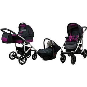BabyLux Largo 3 in 1 Baby Reis Systeem Kinderwagen Autostoel Afneembare Regenhoes Voetenzak Dragende Wielen Pasgeborene tot Baby Black Purple Silver Frame