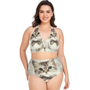 Aquarel Zachte Kat Kitten Vrouwen Bikini Sets Plus Size Badpak Twee Stukken Hoge Taille Strandkleding Meisjes Badpakken, Pop Mode, 4XL