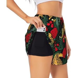 YQxwJL Luipaard en Rozen Print Atletische Hoge Taille Running Shorts Voor Vrouwen Sneldrogende Gym Workout Shorts voor Zomer Casual, Zwart, M